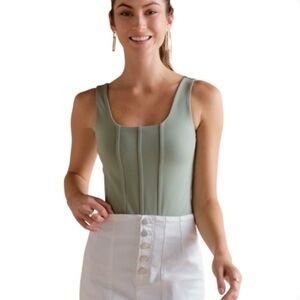 Francesca's Corset Bodysuit Green Compression Knit Square Neck Sleeveless Small